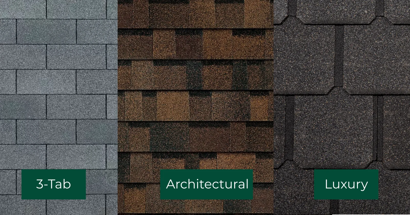 Side by side of 3-tab, architectural, and luxury shingle