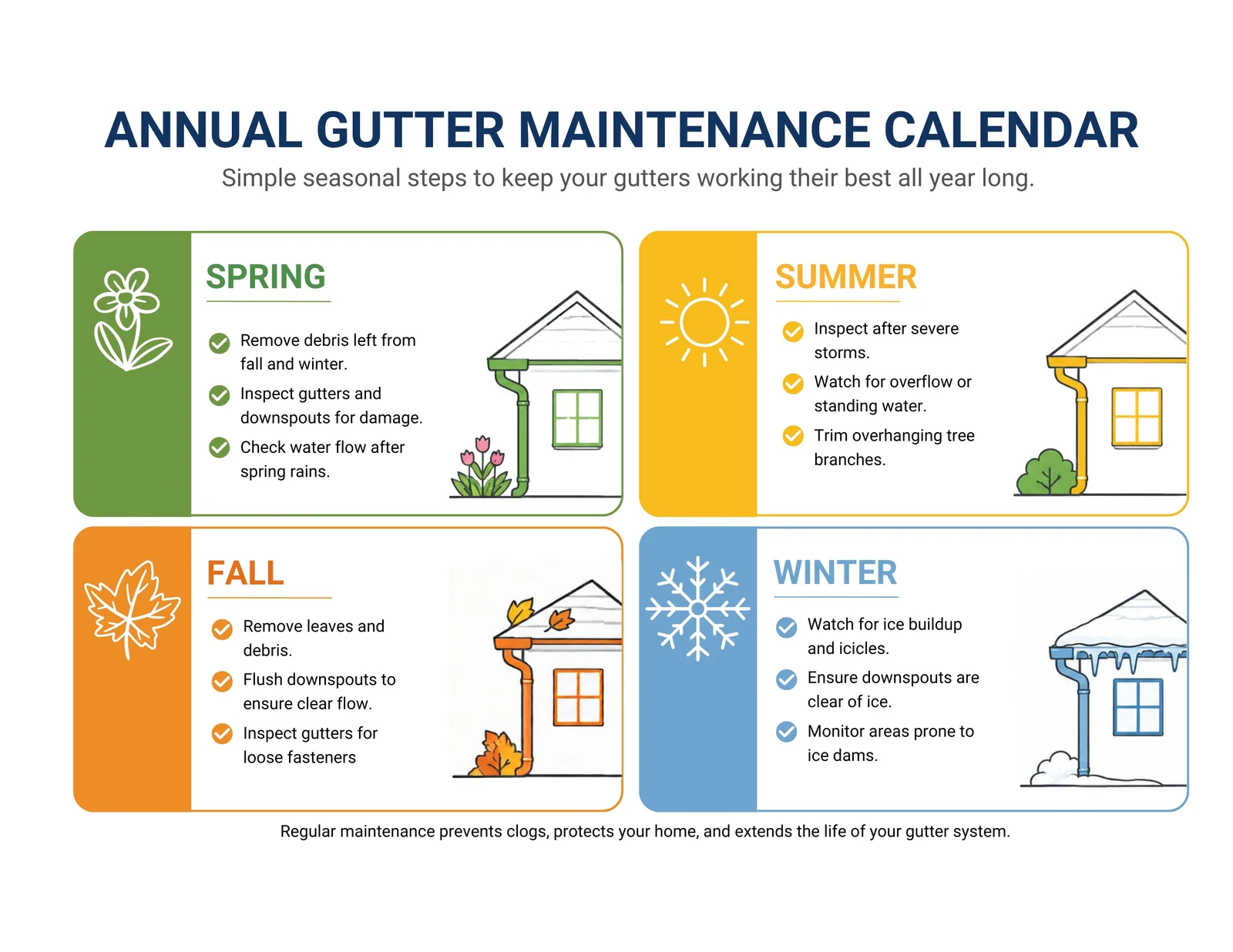 Annual gutter maintenance calendar with seasonal cleaning and inspection tasks