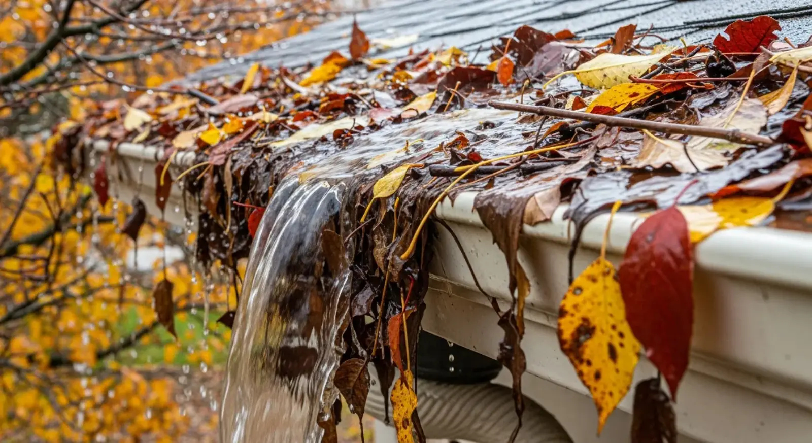 Close-up of overflowing gutters during heavy rain on a Minnesota home showing debris clogging