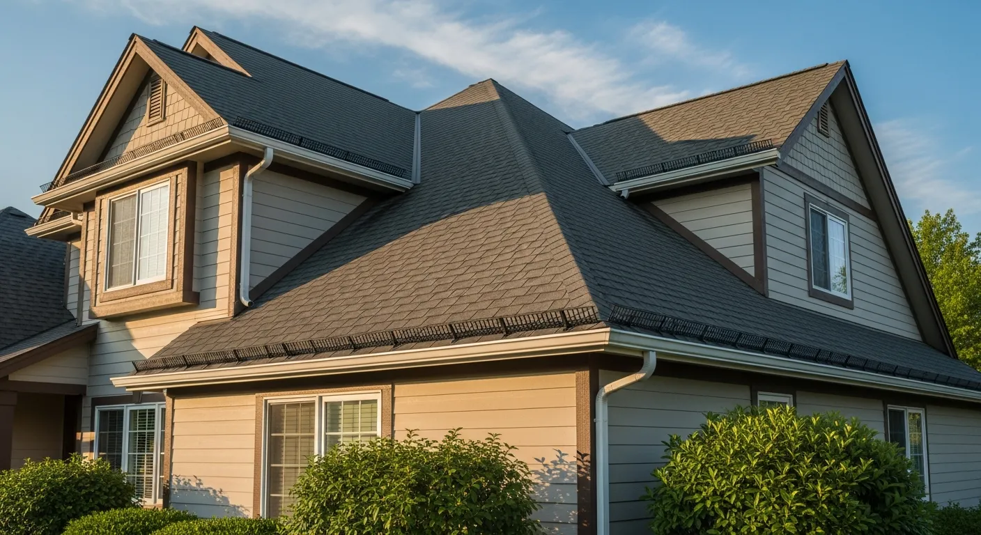 Professional gutter guard installation crew working on a two-story Minnesota home with safety equipment