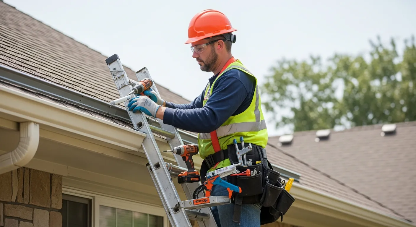 Professional installer measuring gutters on a Minnesota home for gutter guard installation quote