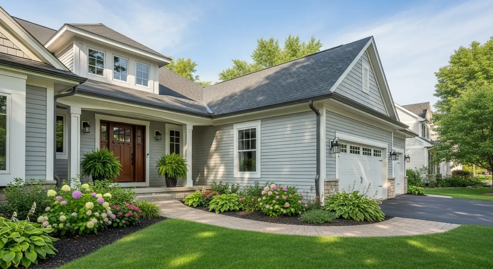 Homeowner inspecting clean gutters with gutter guards installed on a Minnesota home