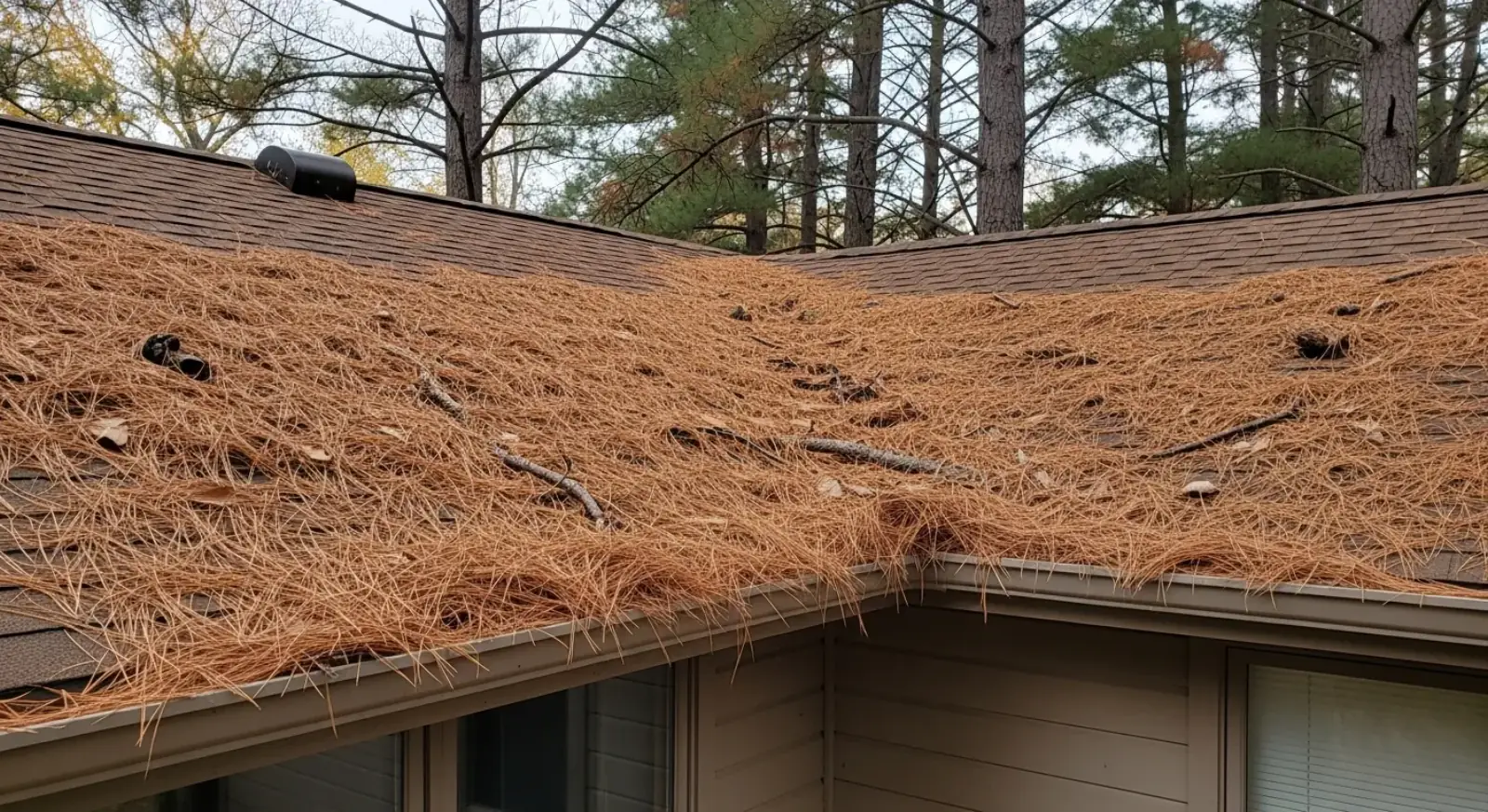 Close-up of pine needles sitting on top of a micro-mesh gutter guard on a Minnesota home