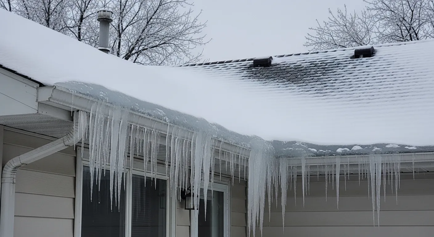 Minnesota home with icicles forming at the roof edge showing ice dam conditions near gutters