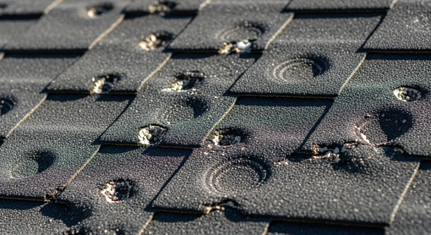 Close-up of hail damage dents on asphalt roof shingles showing granule loss - Minnesota hail damage inspection guide