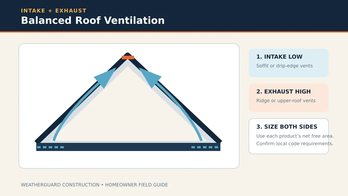 Diagram of a residential roof cross-section showing cool outside air entering through continuous soffit vents at the eave, flowing up through insulation baffles, and exiting through a continuous ridge vent at the peak, with arrows illustrating the balanced intake-to-exhaust airflow path.