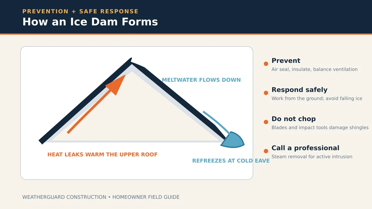Cross-section diagram of a Minnesota roof showing ice dam formation at the eave, with arrows indicating heat loss from the attic warming the upper deck and meltwater refreezing at the cold overhang