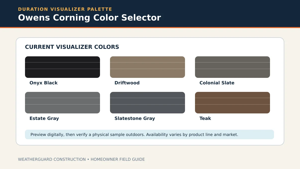 Original Owens Corning Duration color selector showing Onyx Black, Driftwood, Colonial Slate, Estate Gray, Slatestone Gray, and Teak