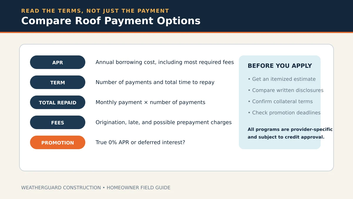 Homeowner reviewing a roofing estimate at a kitchen table with financing paperwork and a calculator, representing the process of comparing roof payment plans