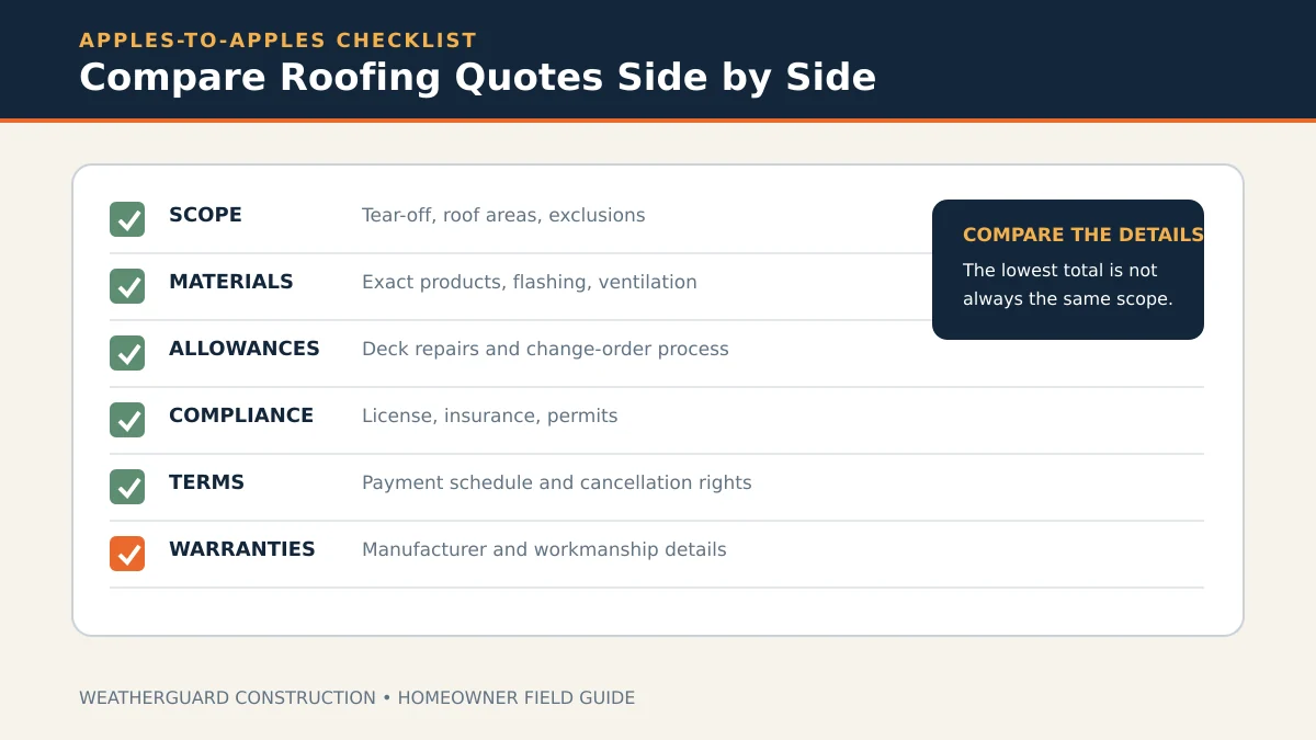 Original roofing quote comparison checklist covering scope, materials, allowances, compliance, payment terms, and warranties