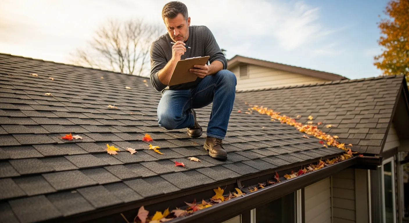 Homeowner inspecting roof shingles during spring maintenance check - seasonal roof care schedule for Minnesota