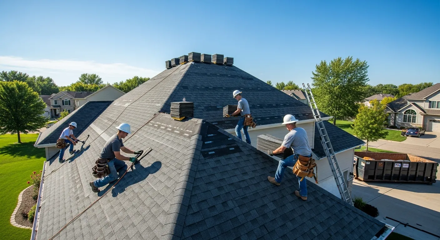 Roofing crew installing new architectural shingles on Minnesota home - roof replacement cost guide
