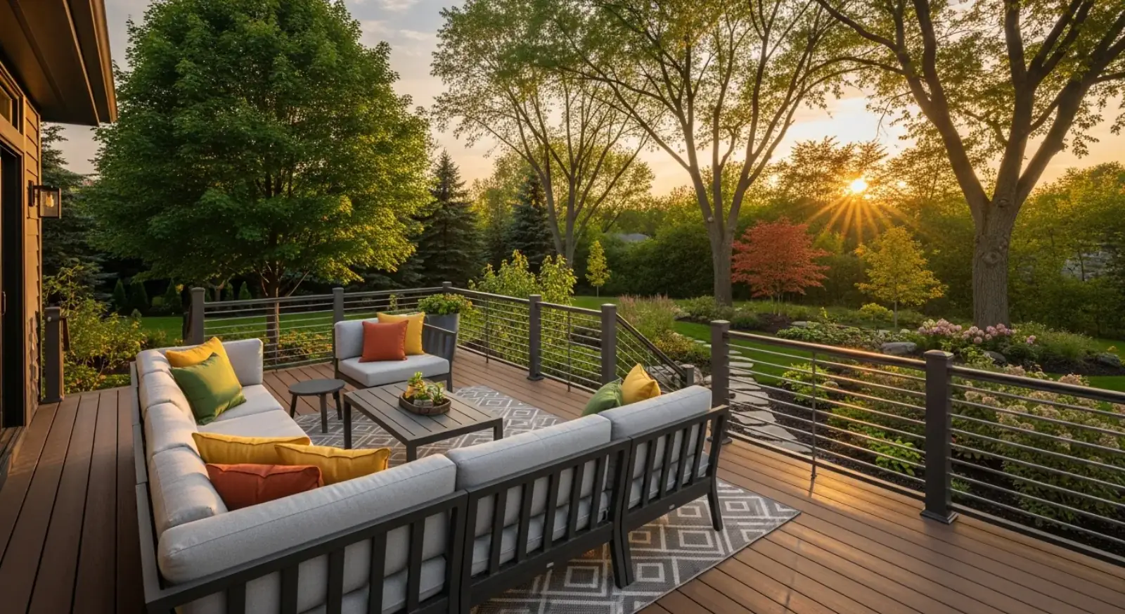 Completed custom composite deck with seating and railing