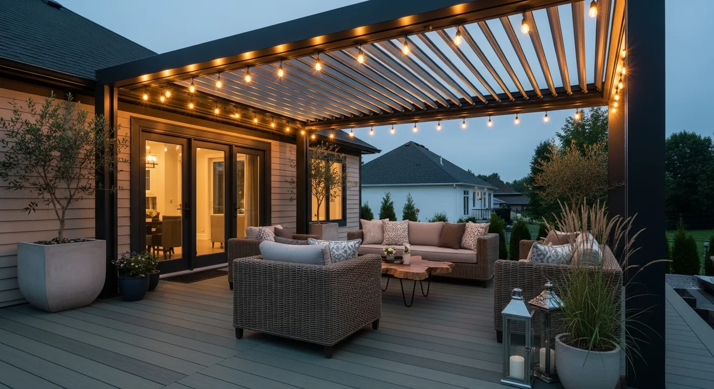 Elegant covered deck with TimberTech AZEK PVC decking and louvered pergola at twilight