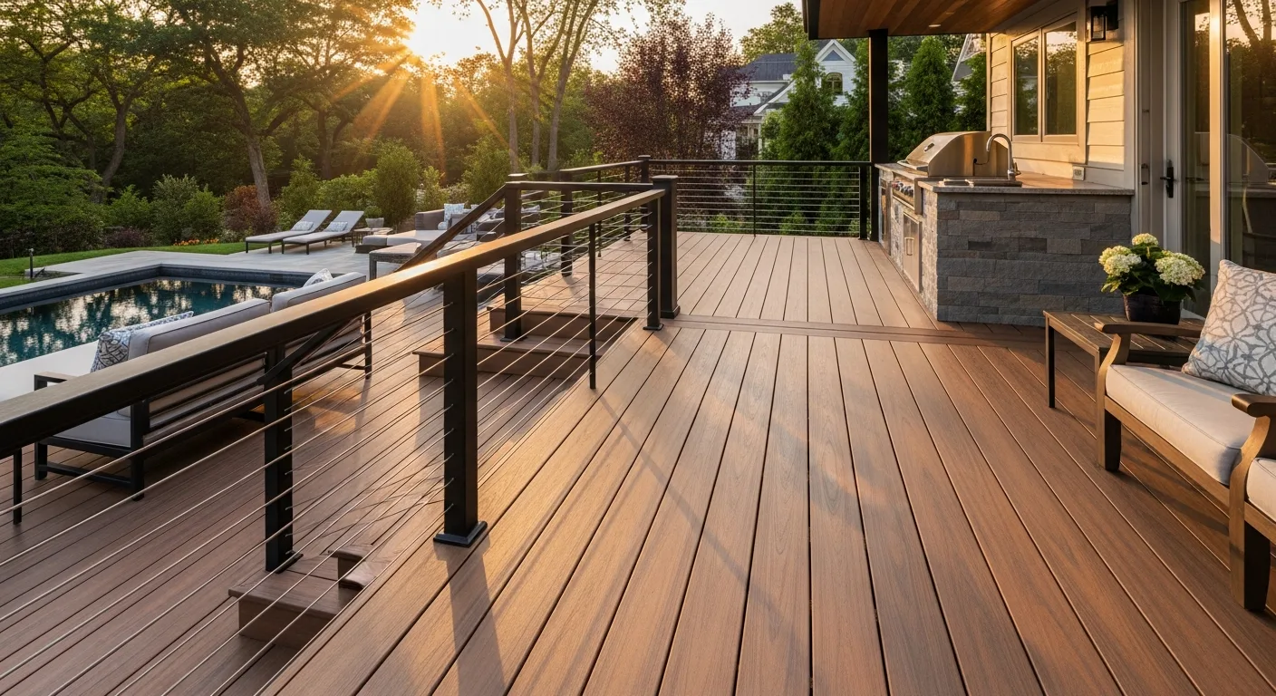 Stunning multi-level composite deck with outdoor kitchen and pool at golden hour