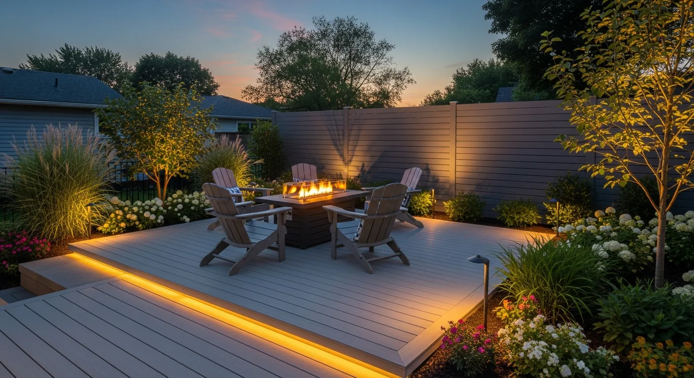 Ground-level platform deck with gray PVC decking, privacy wall, and gas fire pit
