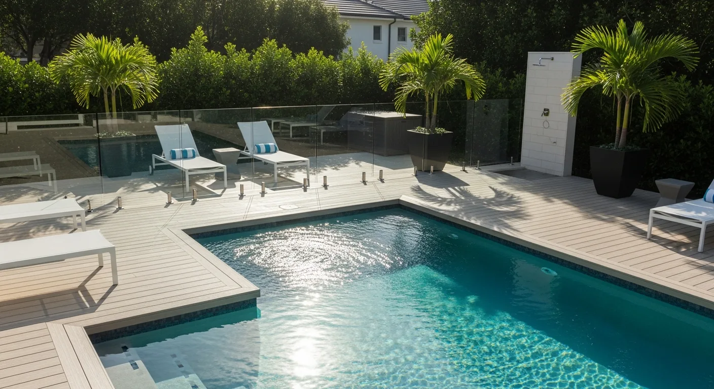Resort-style PVC pool deck with frameless glass fence and designer lounge chairs