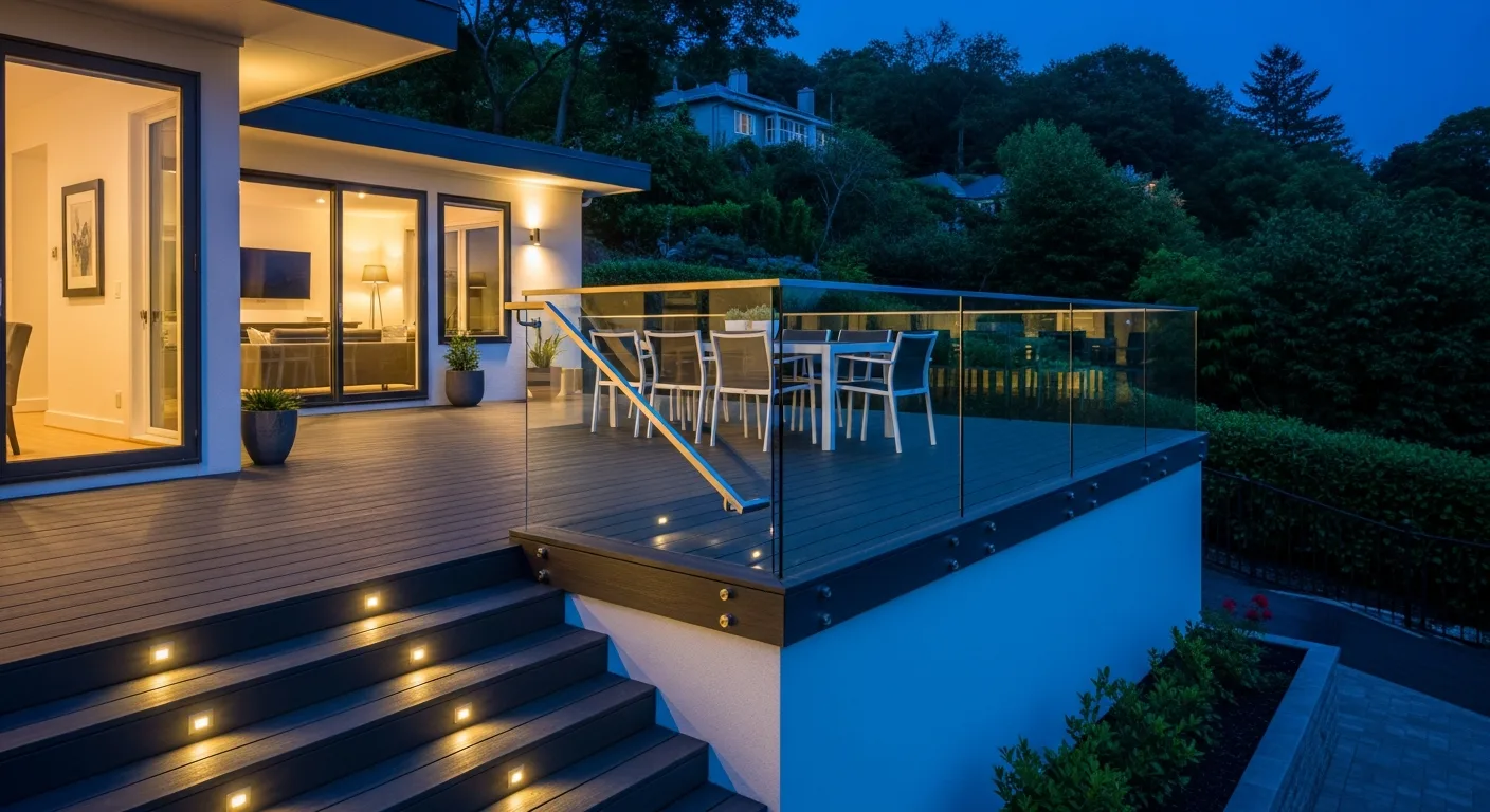 Modern raised deck with dark composite decking and frameless glass panel railing
