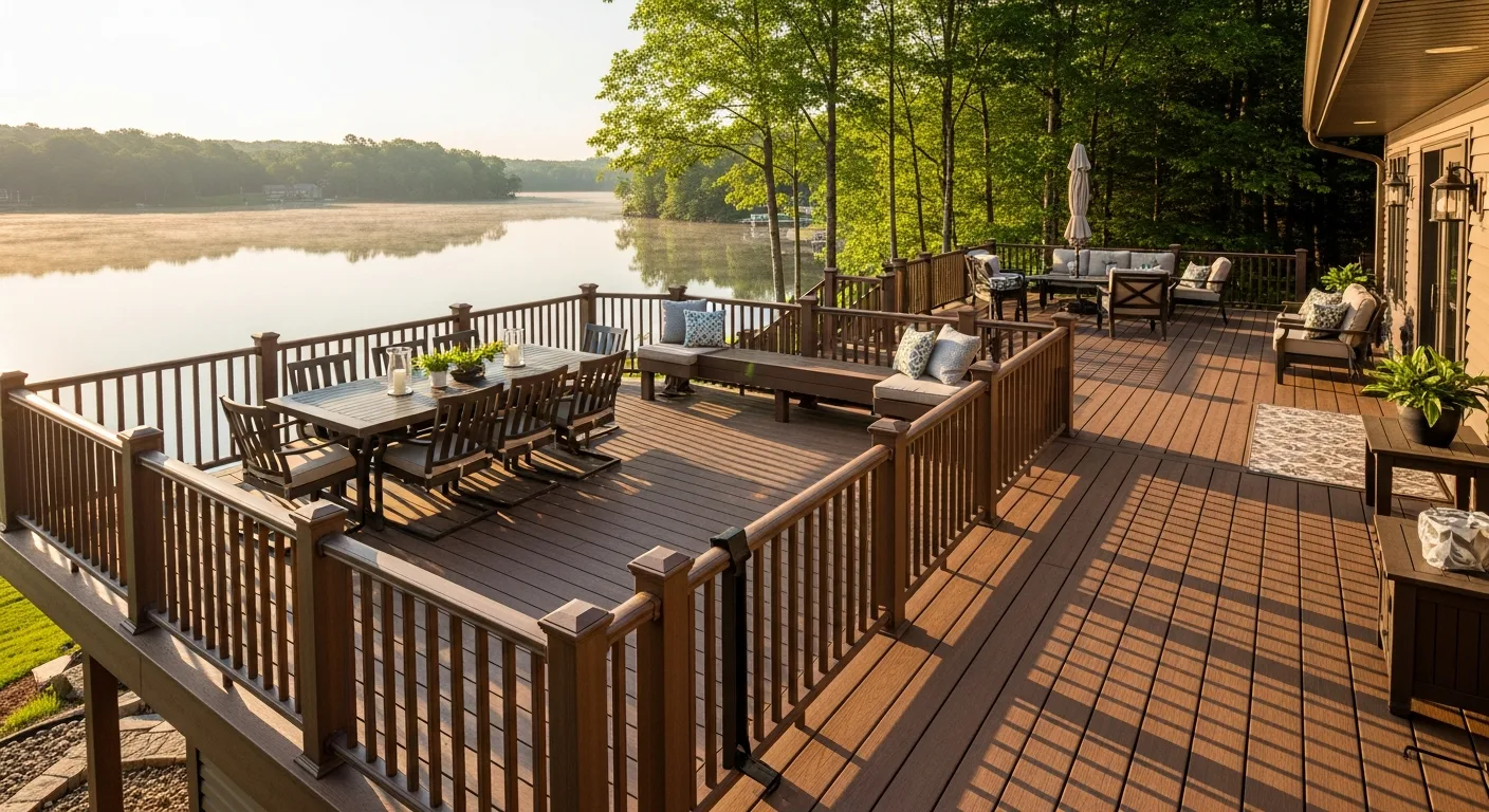 Expansive wraparound composite deck on lakefront property with multiple living zones