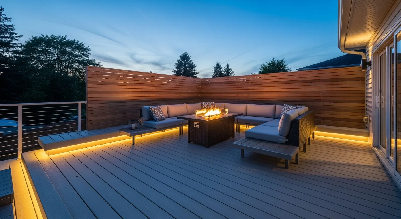 Ground-level platform deck with fire pit table and privacy screen