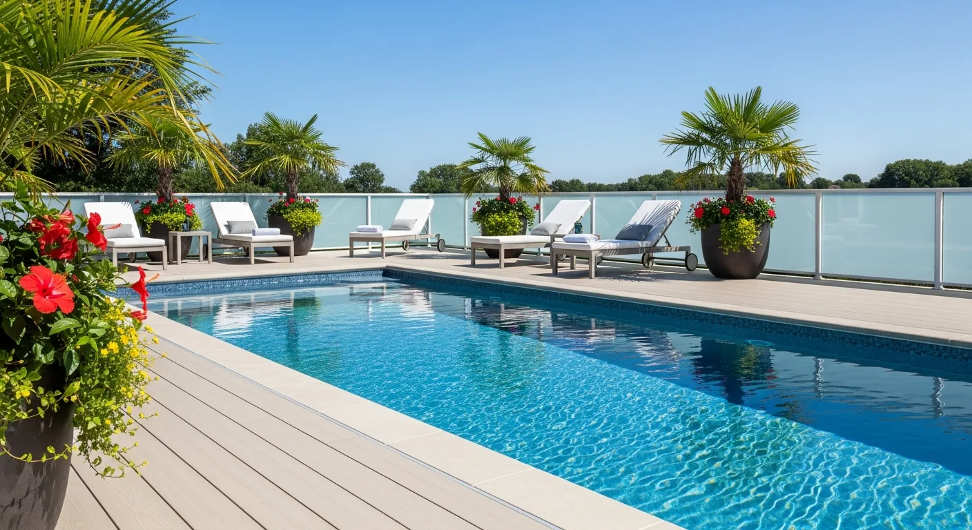 PVC decking pool surround with glass railing and lounge chairs