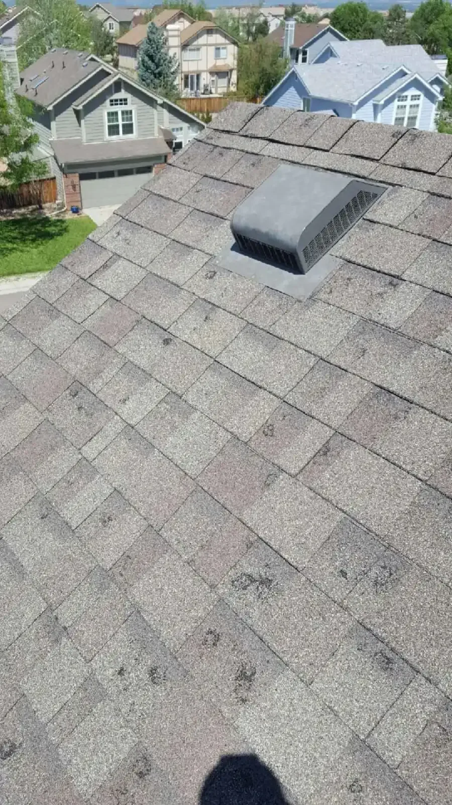 hail damaged roof neighborhood view