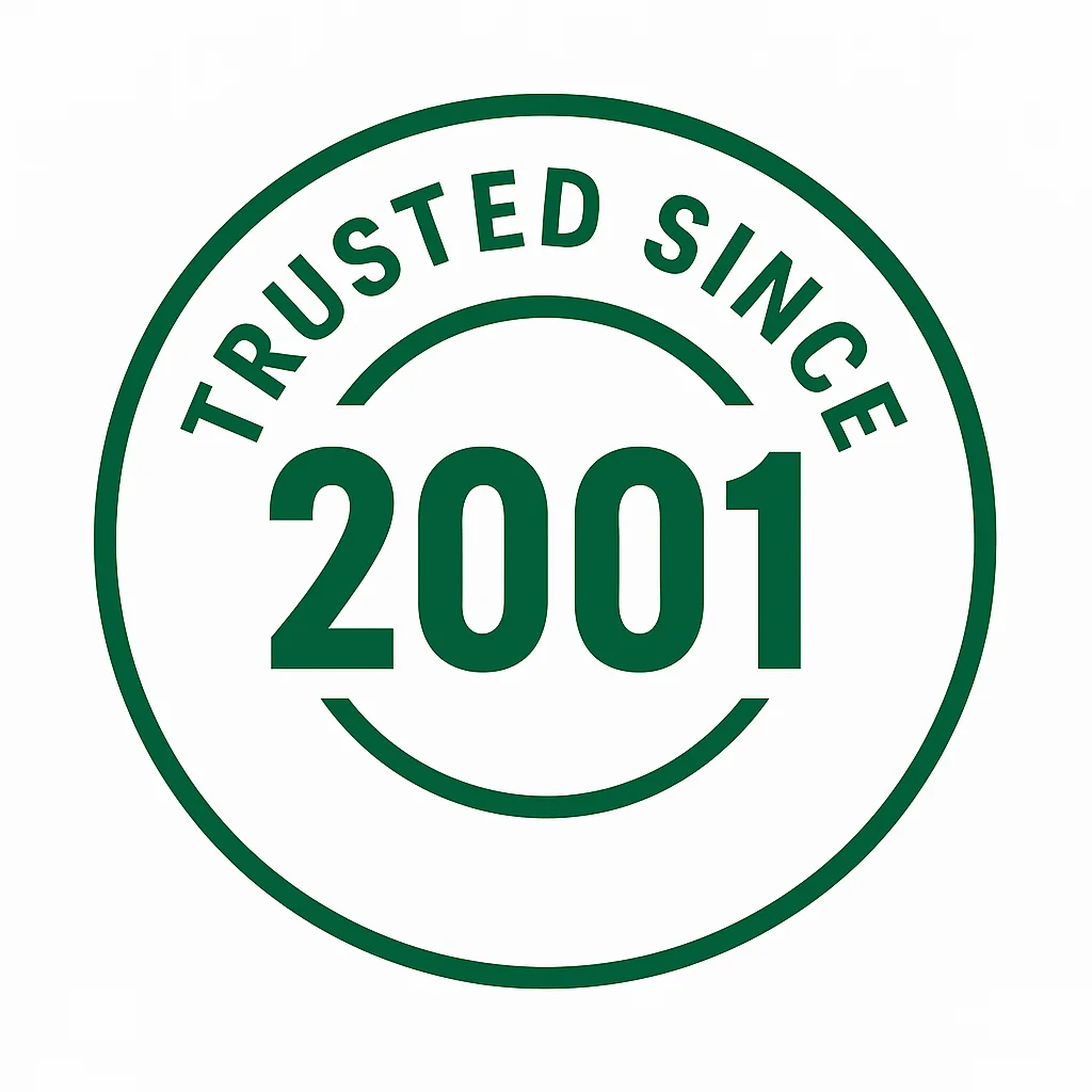 Green circular badge reading 'Trusted Since 2001' on a white background.