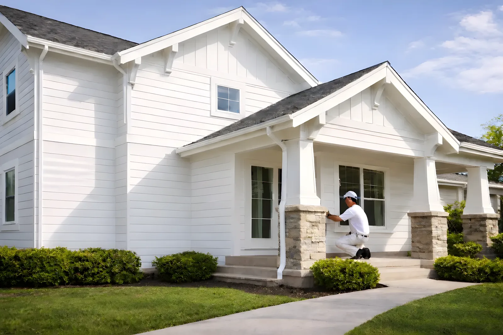 LP SmartSide craftsman home with contractor installing white lap siding