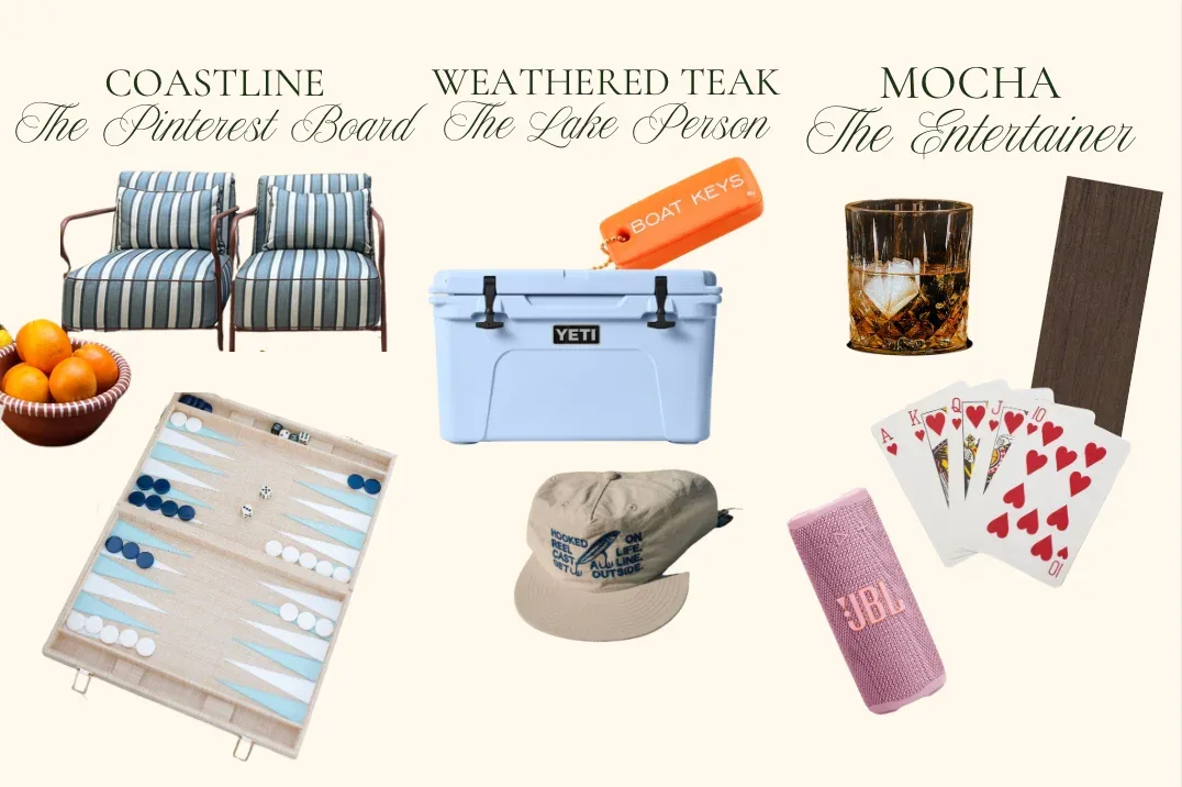 Deck style mood board for coastline, weathered teak, and mocha