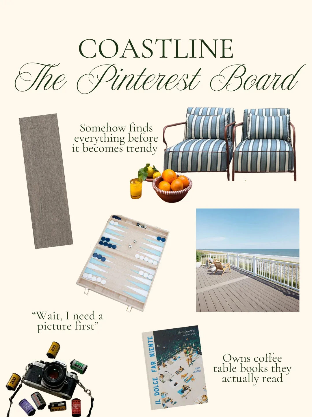 Mood board for coastal, pinterest worthy deck. Includes deep blue striped chairs, a vintage film camera, beach coffee table book and a coastline deck sample in a weathered grey color. 