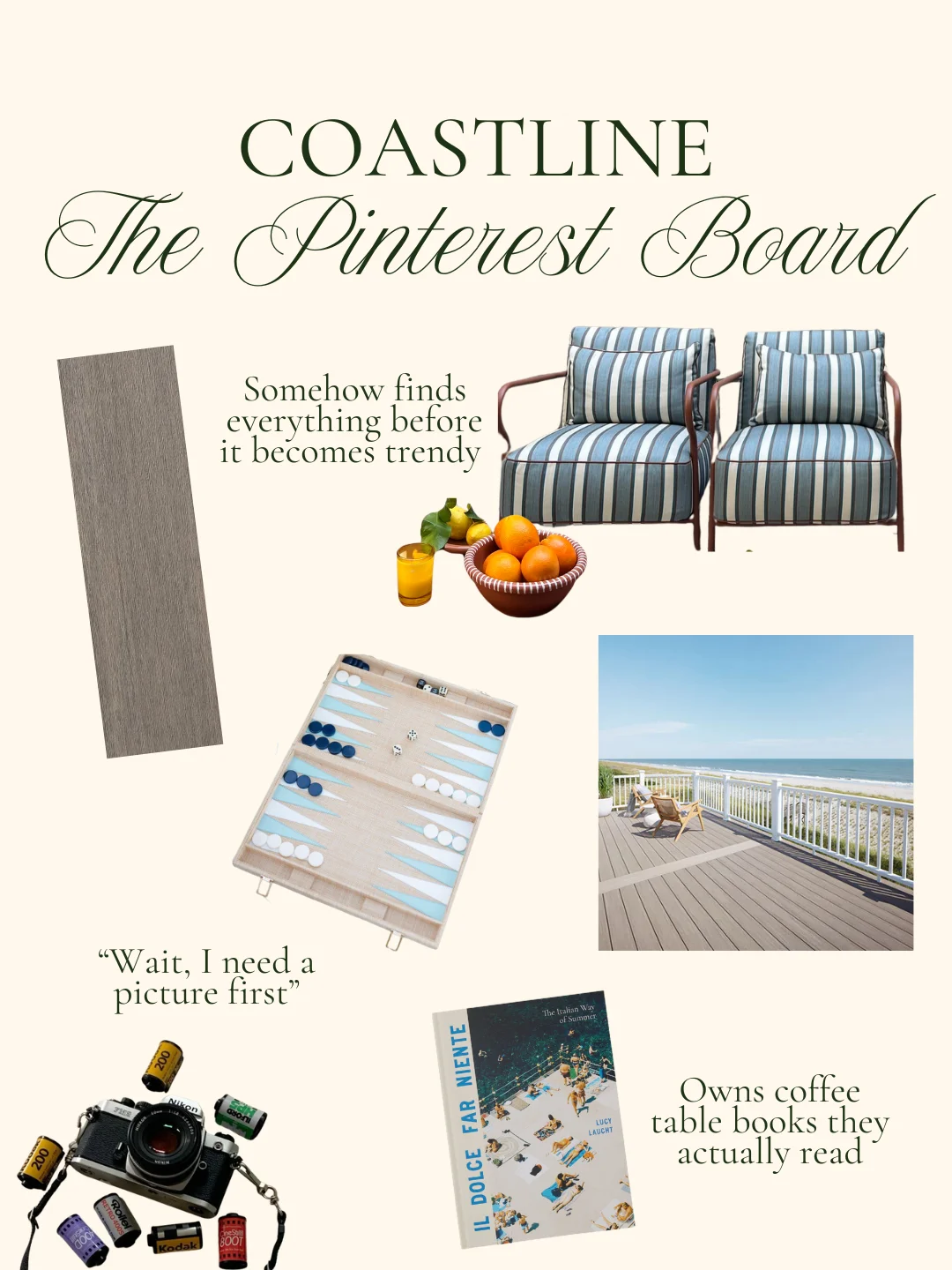 Mood board for coastal, pinterest worthy deck. Includes deep blue striped chairs, a vintage film camera, beach coffee table book and a coastline deck sample in a weathered grey color.